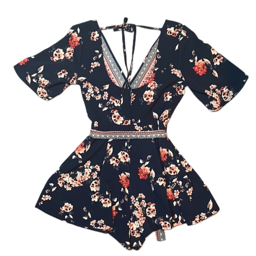Floral Wrap Romper with Belt and Halter Tie - Picture 2 of 5